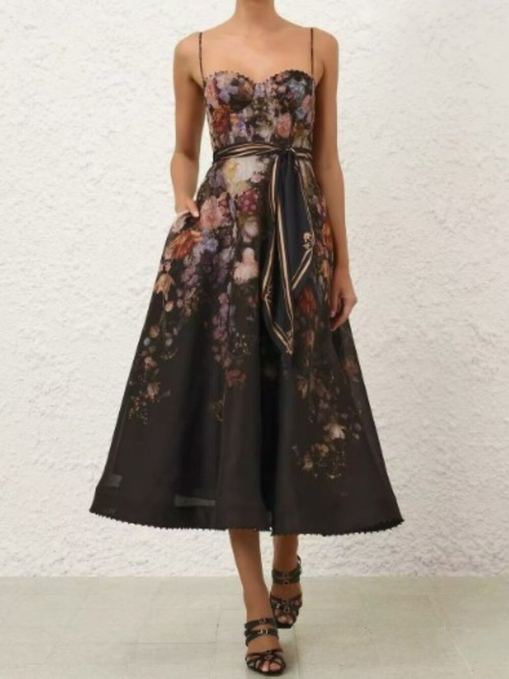 Zimmermann Floral Midi Dress with Scarf Tie - Black
